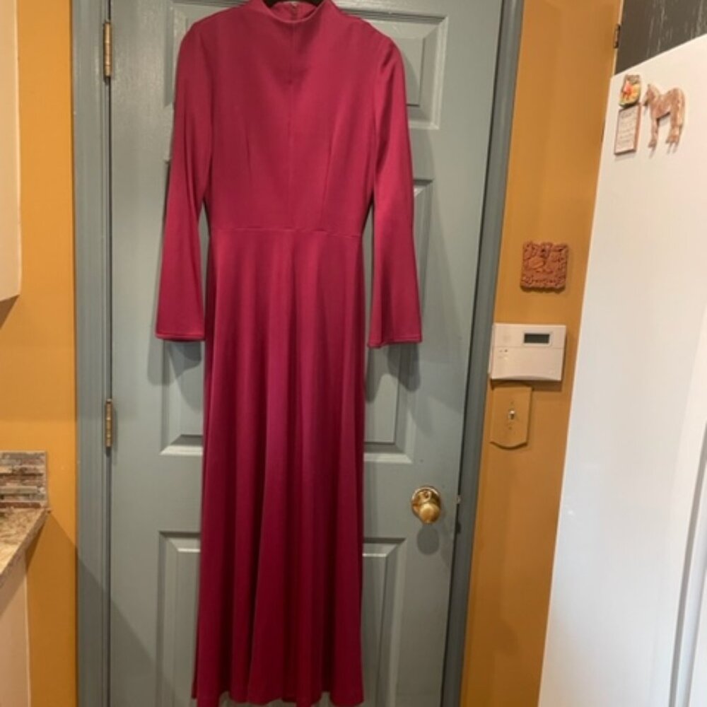 Burgundy dress w/bell sleeves, circa 60s to 70s, sz 10 good condition